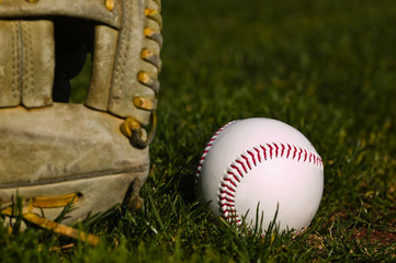 Baseball and glove sitting on the grass of a field