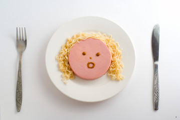 Sausage on plate, knife and fork