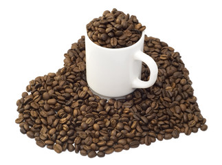 coffee beans and cup isolated over white background