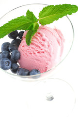High key image of Ice Cream in bowl with fruits and menthe