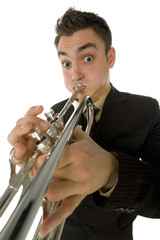 Man in suit standing and trumpet melody. 