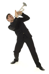 Obraz premium Man in suit standing and trumpet melody. Whole body