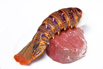 Raw lobster and fillet steak on a white plate