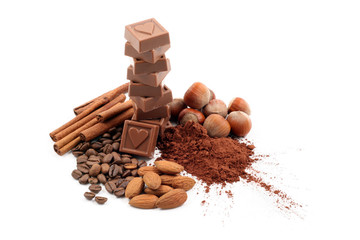 stack of chocolates and cocoa isolated on white