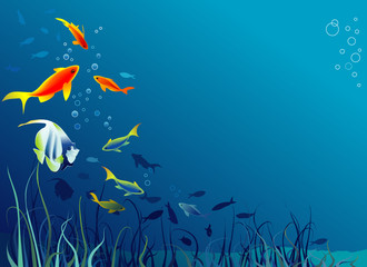 Sea life. Fish, seaweeds. Space for text. Vector illustration