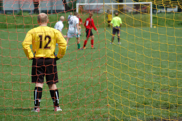 Goalkeeper watching the game from his goal position