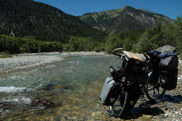 Fully loaded bicycle - River pass