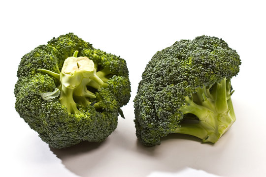 macro picture, two heads of broccoli over white