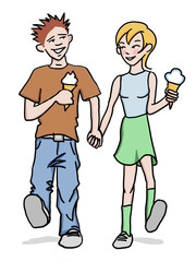Two young people eating ice creams. Hand tablet illustration.