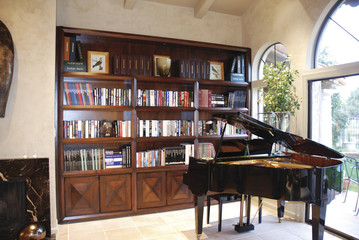 An interior photo of  an Elegant Library and Bookshelves