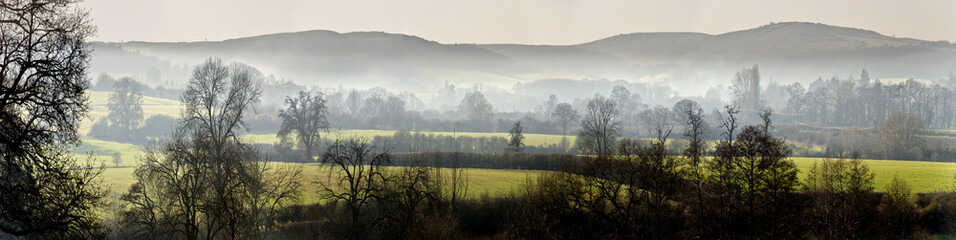 A view over misty countryside