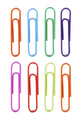 Multi colored paper clips isolated on white background