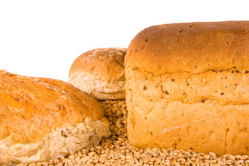 Assorted brown bread on wheat grains