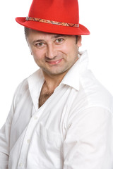 The man in a red hat on a white background
