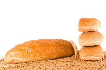 Brown Loaf, Rolls, Ear and Grains of Wheat