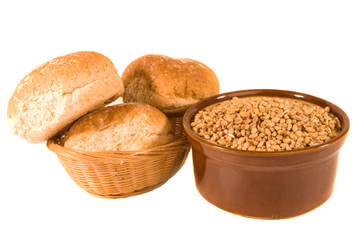 Basket of Bread Rolls and Bowl of Wheat Grains