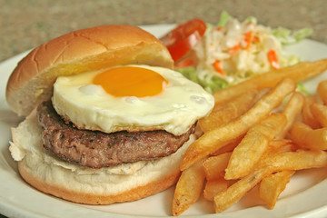 Egg Burger with french fries and coleslaw