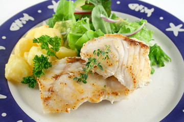 Pan fried Pearl Perch with golden roasted potato pieces 