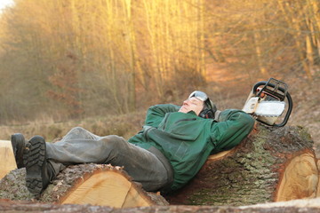 Pause beim Brennholz machen