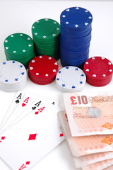 Cards money and poker chips