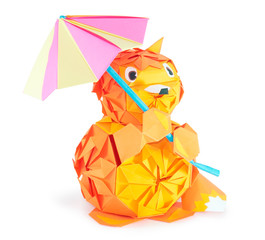 origami fox figure with umbrella (isolated on white)