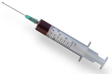 Fototapeta premium Syringe with red liquid isolated on white.