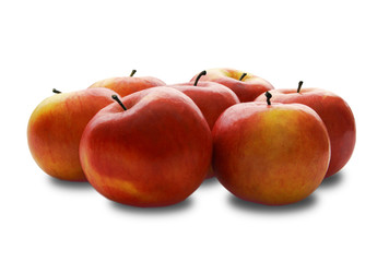 Seven apples at white background with path