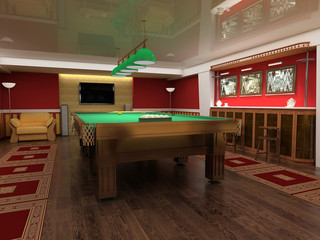 billiard table in red room 3d image - obrazy, fototapety, plakaty