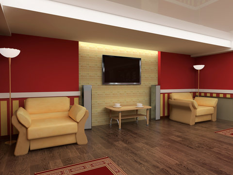 Exclusive interior red drawing room 3d image