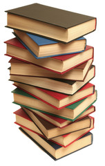 Many books lay on a white background