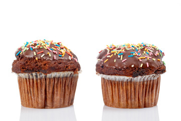Chocolate muffins, reflected on white background. Shallow DOF