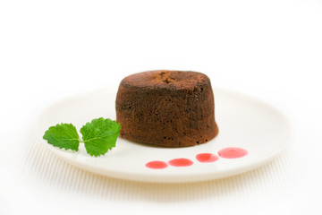 chocoloate fondant with peppermint and strawberry sauce