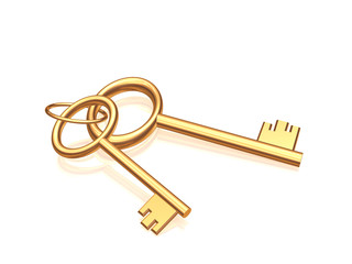 Two gold keys on a glossy white background. Objects over white