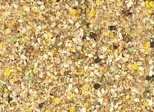 Oat flakes with dried fruit and raisins background. Raw uncooked yellow cereal close-up