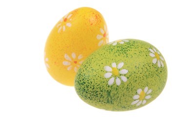 two flower painted Easter eggs isolated on white background