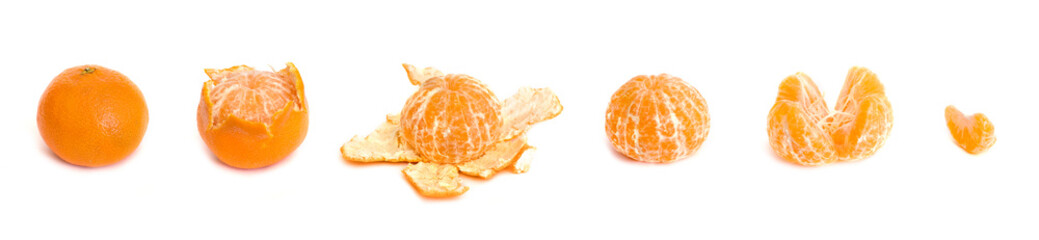 Peeling of a tasty juicy orange tangerine in 6 parts