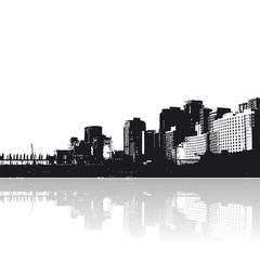 City with reflection in the water. Vector art