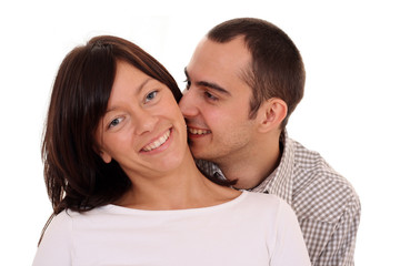 Fototapeta premium happy couple - woman and man 25-30 years old isolated on white