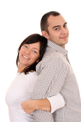 happy couple - woman and man 25-30 years old isolated on white