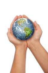 Hands holding the world on a white background