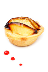 Apple cake with soft shadow on white plate. Shallow DOF