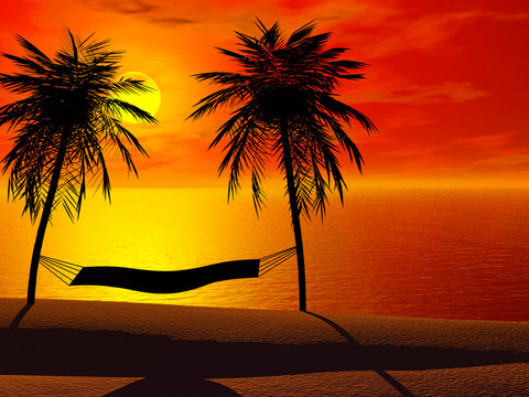 Silhoutte of a hammock between two palm trees in sunset.