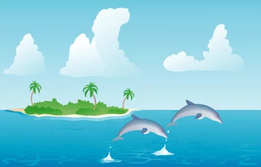 Photo sur Aluminium Dauphins paire de dauphins sautant hors de l& 39 illustration de l& 39 eau