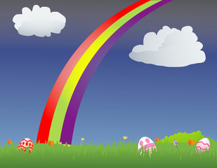 Rainbow in a field with Easter eggs