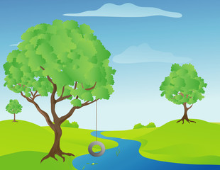 Illustration of a tree swing by a stream 
