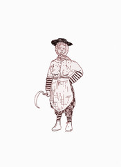 Illustration of woman with scythe harvester.