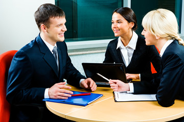 Confident man telling his strategy of business 