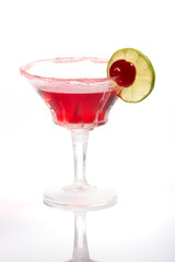 Closeup of Cosmopolitan cocktail in martini glass.