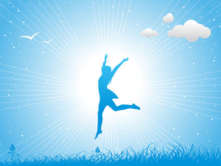 Fototapeta na wymiar Girl jumping against the blue sky.
