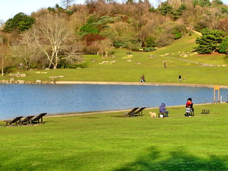 Colline de gazon et petit lac, parc de la région parisienne.